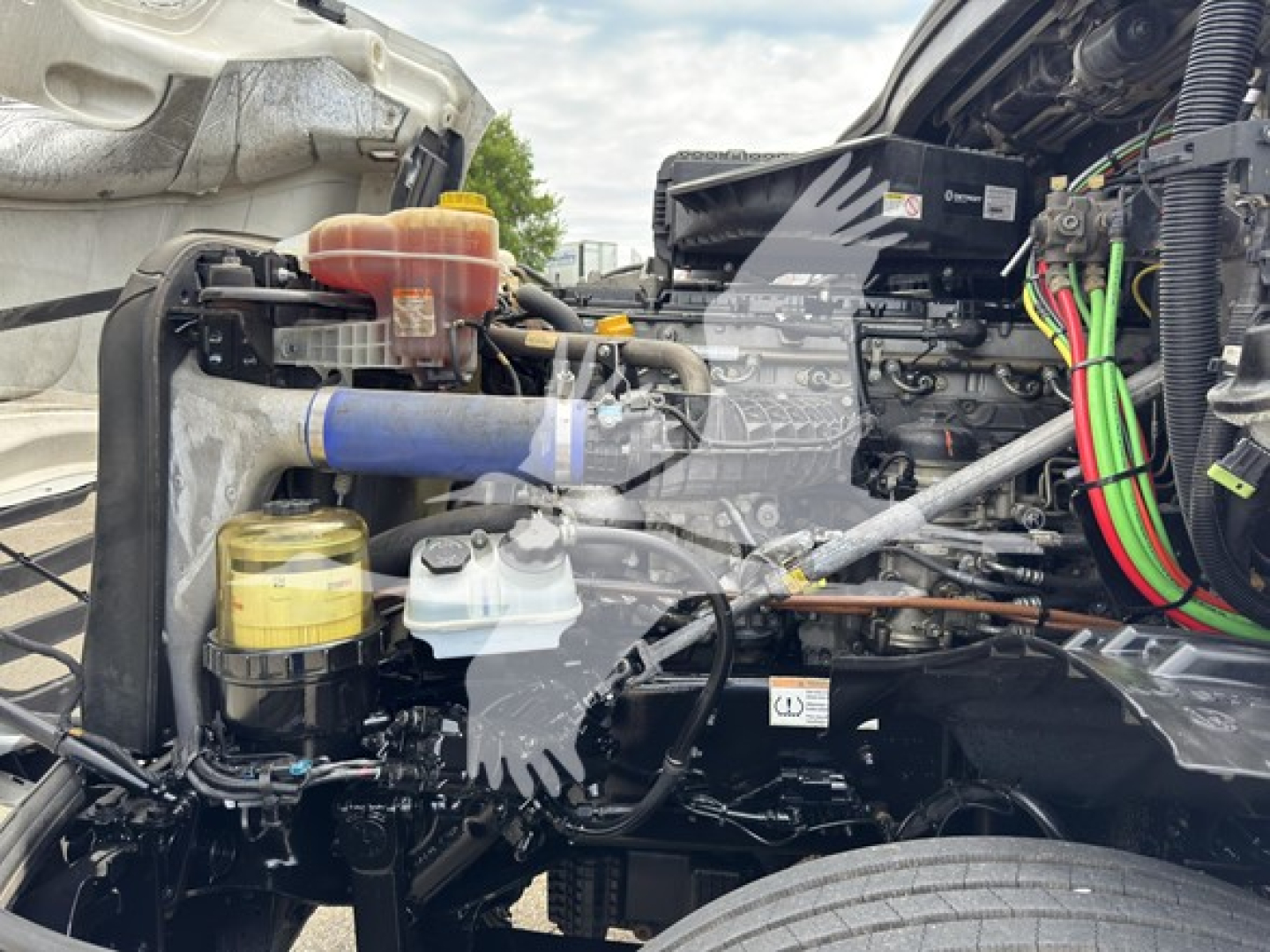 Cascadia engine bay showing coolant reservoir, yellow cap, blue hose, air intake, and various wiring in a Freightliner truck.