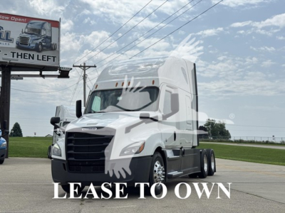 Freightliner Cascadia 126 sleeper cab truck front view with 'LEASE TO OWN' overlay text.