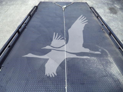 Truck bed surface with a large gray bird graphic in flight, top view showing diamond plate texture and tie-down area.