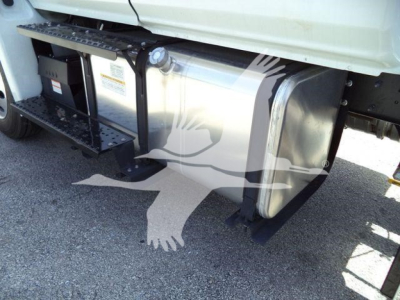 Hino L6 rollback truck undercarriage showing fuel tank and side step with black steel frame and storage box.