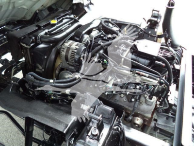 View of Chevrolet W4500 engine bay showing V-type engine with various hoses, alternator, belts, and air intake components.