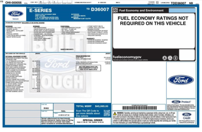 Ford E-Series window sticker showing MSRP and fuel economy notice, with VIN 1FDWE3FN3TDD36007 and stock 356138 for a 2026 Ford E-350 service/utility van.