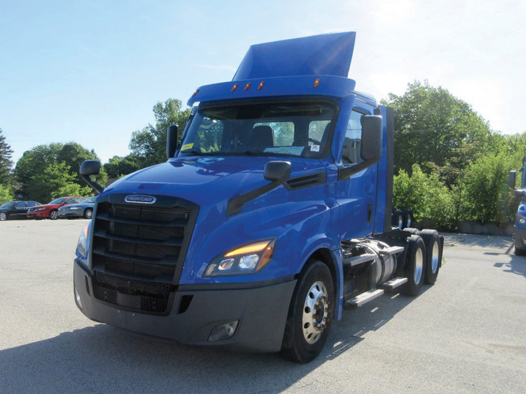 Freightliner Cascadia126 tractor in blue, front-left view, with raised sleeper cab top and wheel layout visible.