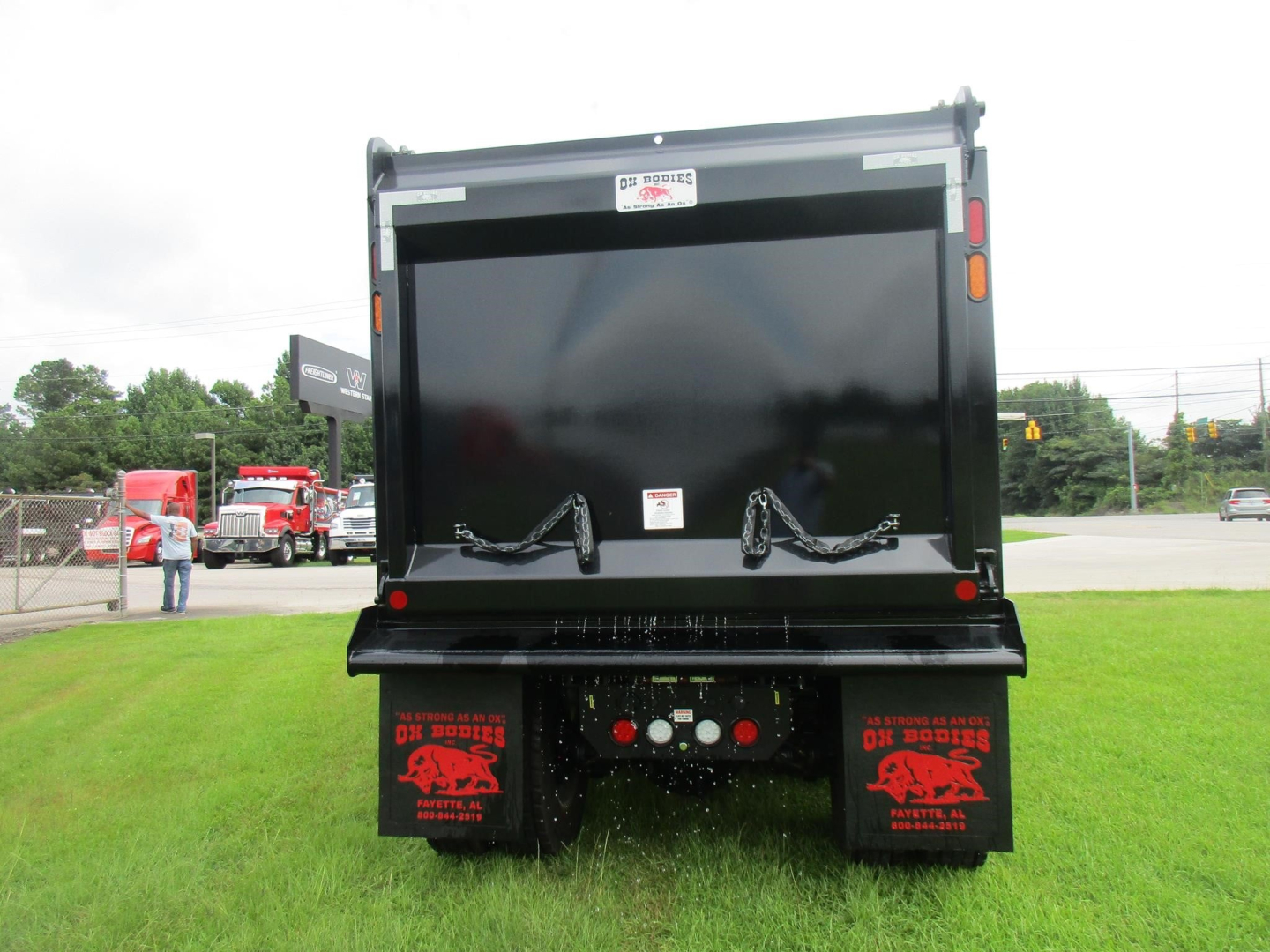 Rear view of a Western Star 49X dump truck displaying the dump bed, taillights, mud flaps with logos, and rear bumper area.