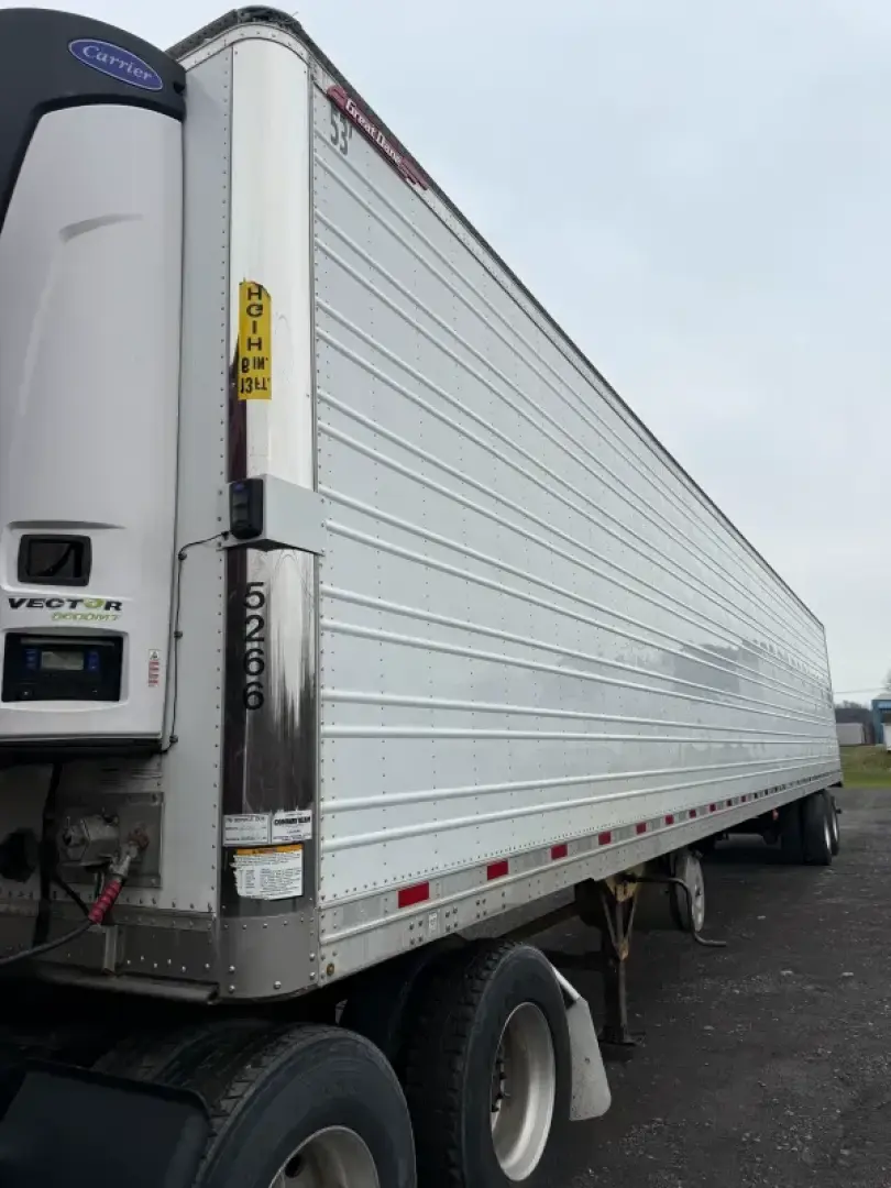 Great Dane Everest multi-temp refrigerated trailer showing side panel, rear doors, and Carrier refrigeration unit.