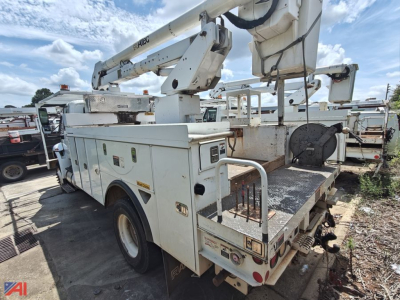 Bucket truck body with boom and hydraulic controls showing utility platform and tool compartments.