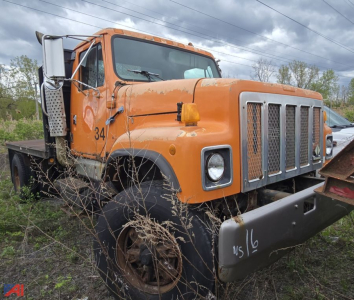 1997 International 2574 dump truck flatbed in orange with large front grille and bumper; visible side step, front left wheel, and overgrown vegetation around vehicle.