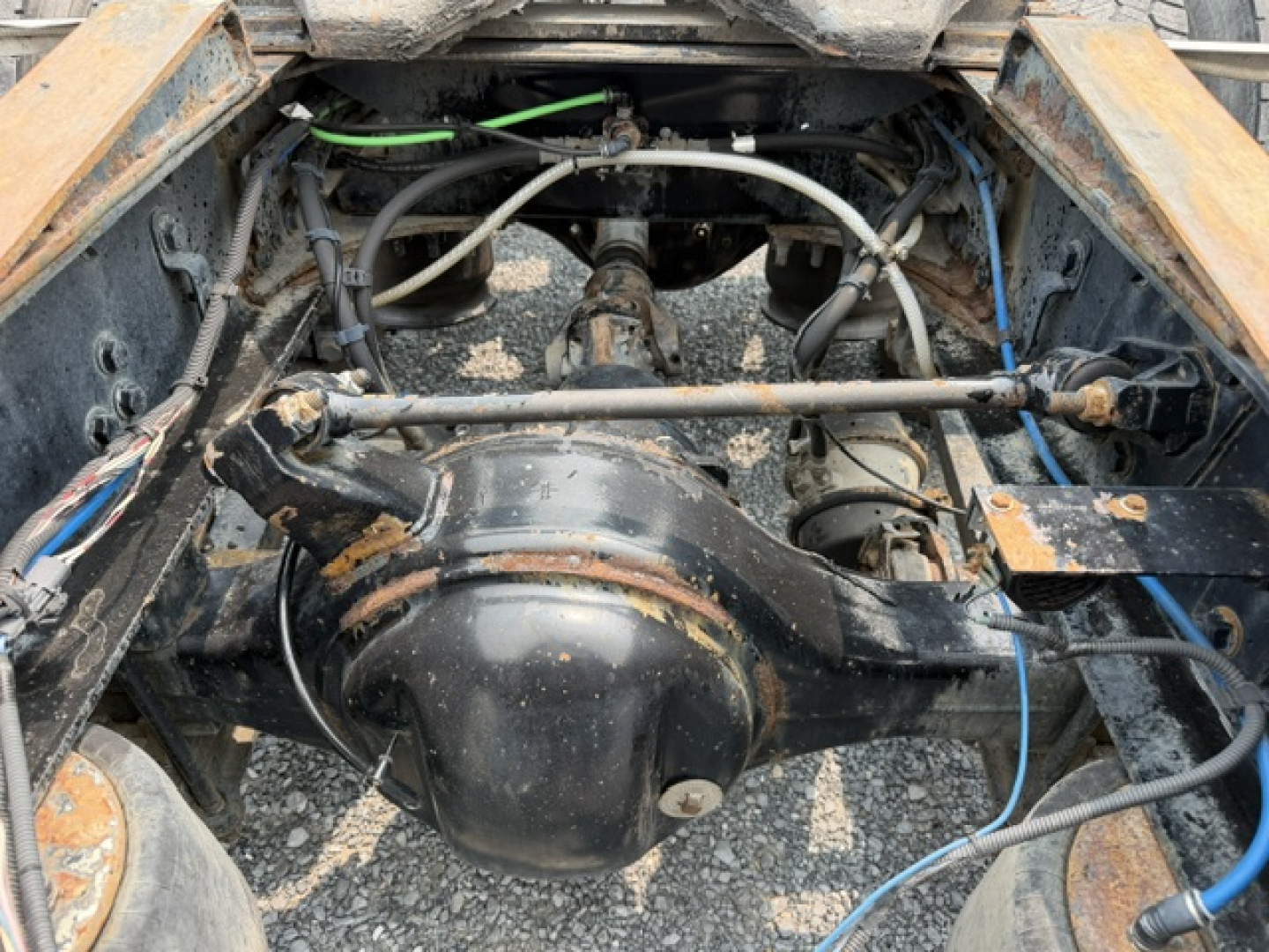 Freightliner Cascadia drivetrain view in a daycab showing rear axle differential, suspension components, and various hoses and wiring.