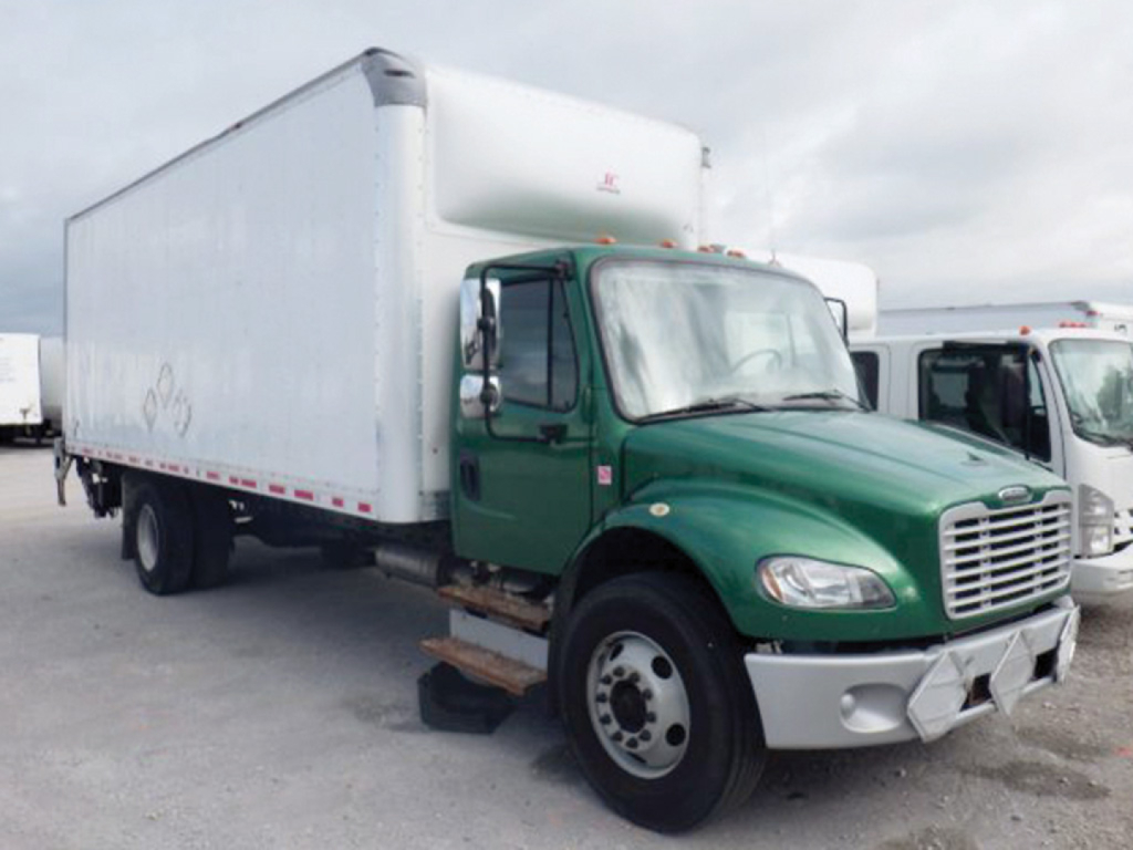 Freightliner M2 106 box truck with green cab and white cargo box, side steps visible, front grille, and large cargo area.