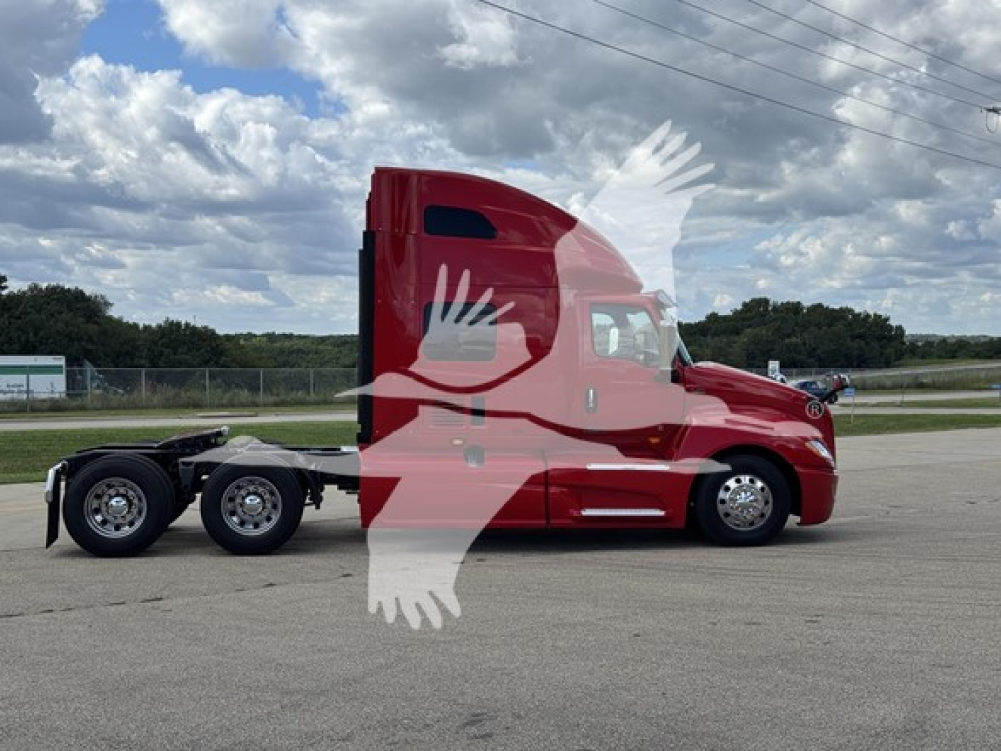 Truck cab side profile of a red 2019 International LT sleeper tractor, with five rear wheels visible; VIN 3HSDZAPR7KN086457 overlaid watermark.
