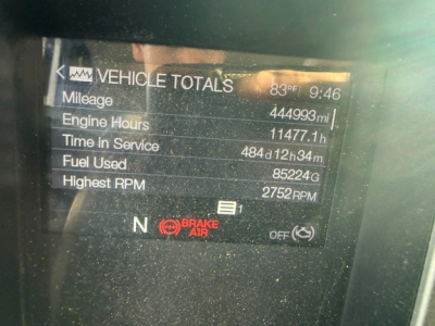 Vehicle totals screen showing mileage 444993 mi, engine hours 11477.1 h, time in service 484d 12h34m, fuel used 85224 gal, highest RPM 2752 RPM, N brake light indicator.