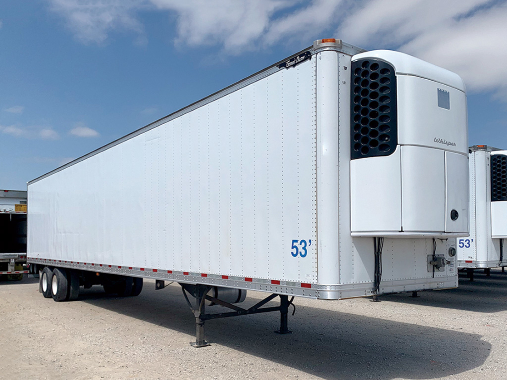 Great Dane multi-temp refrigerated trailer mounted on dual-axle dolly with 53' length, white exterior, front refrigeration unit, VIN 1GRAA0625GE700836, stock 558498.