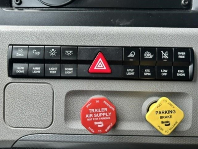 Truck dash controls showing emergency lights and red trailer air supply cap with text, and yellow parking brake knob; row of small labeled buttons above, including hazard/triangle button.