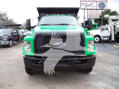 Green Ford F-650 SD dump truck front view with black grille, large mirrors, and equipment lot in background. Visible text includes Ford emblem on grille and TLC sign in background.
