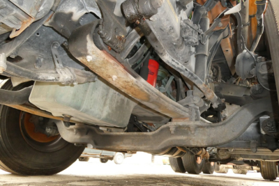 Underbody view of a 2019 Volvo VNR64T300 truck showing suspension, frame, and driveline components with a greenish fuel tank and red shock/coil area.