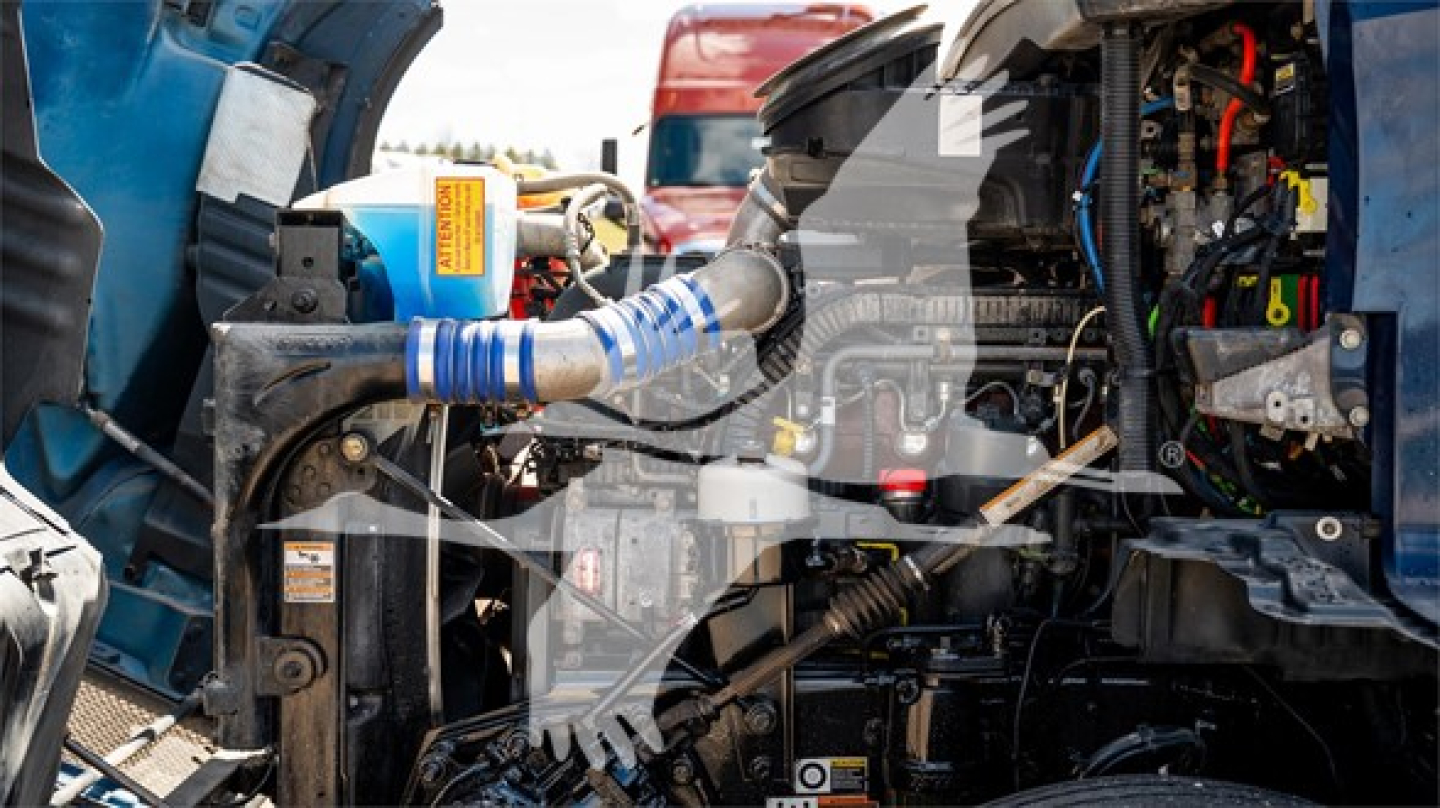 Kenworth T680 engine bay showing various hoses and components with blue intake hose and grey wiring in view