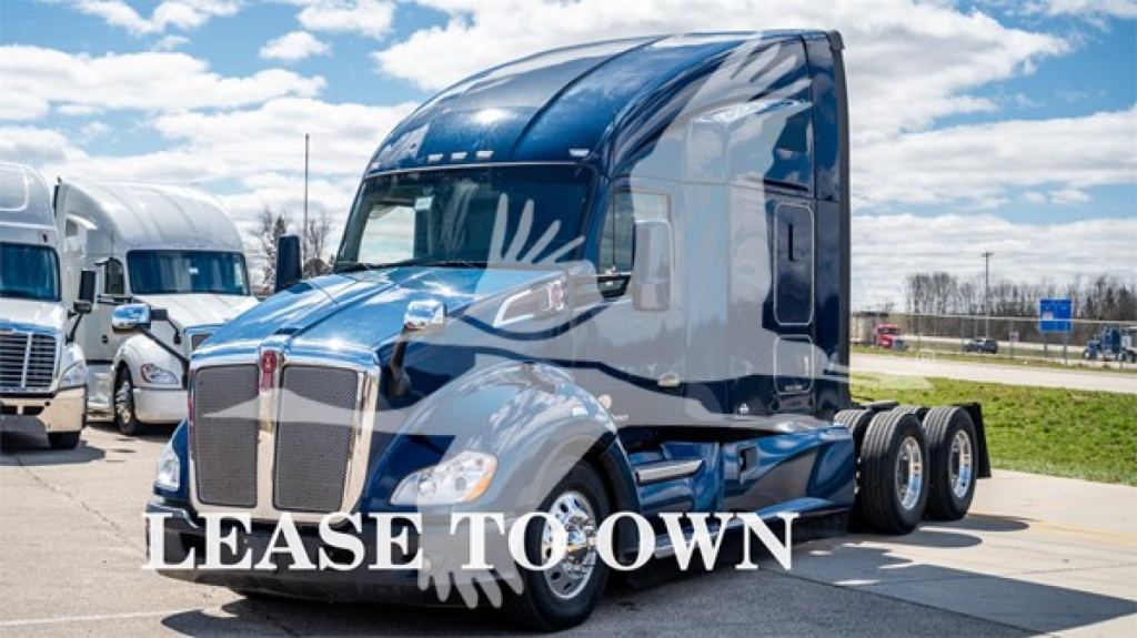Kenworth T680 conventional sleeper truck showing windshield and front grille with 'LEASE TO OWN' text overlay.