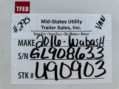 Trailer identification tag on mid-states utility trailer showing MAKE 2016-Wabash and S/N GL9086633 STK# U49003
