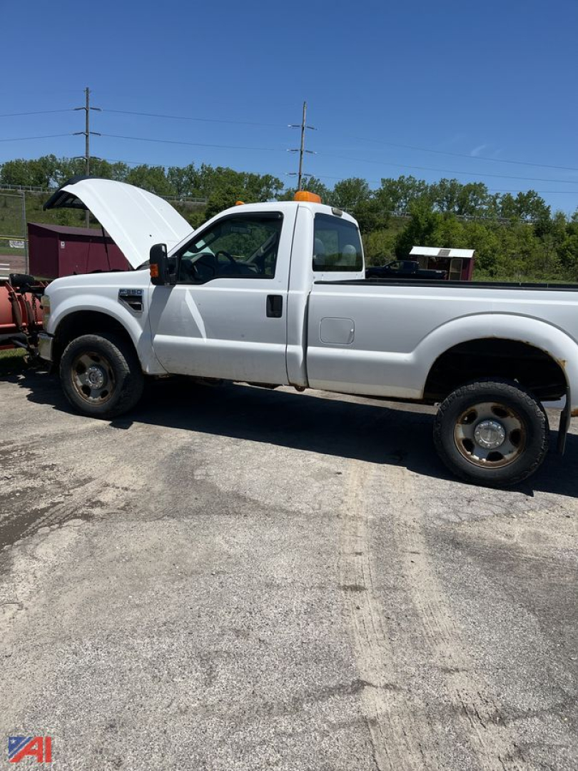 Ford F-350 Super Duty pickup truck with plow, hood open, side view showing extended cab and long bed.