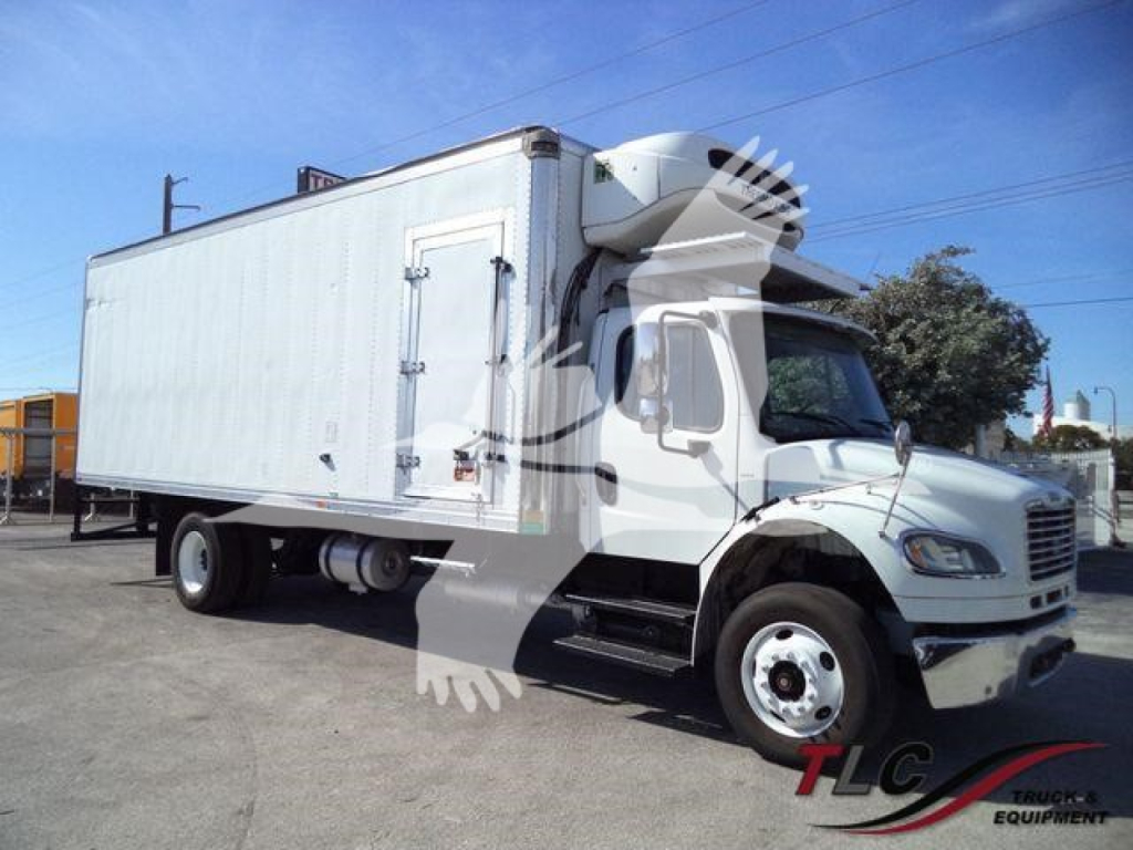 Freightliner Business Class M2 106 refrigerated box truck side view showing cab and box with refrigeration unit on the front of the cargo box.