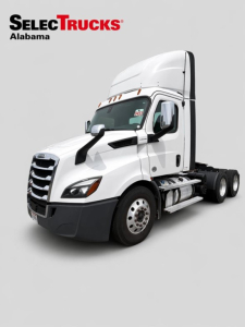 Truck cab front-left view of a white 2020 Freightliner Cascadia 116 day cab with black bumper and aerodynamic mirrors.