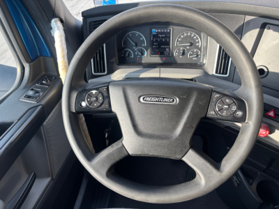 Freightliner PT126064ST truck steering wheel and dashboard showing Freighliner emblem and instrument cluster.