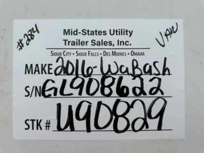 Trailer tag from Mid-States Utility Trailer Sales, Inc. with handwritten make, serial, and stock number; says MAKE 2016-Wabash, S/N EL9086d2, STK # U908629, VIN 1JJV532D2GL908622.
