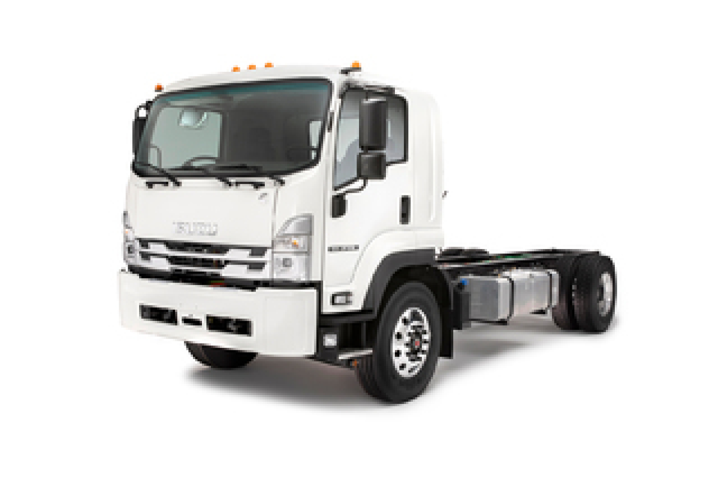 Isuzu FTR cab and chassis truck viewed from front-left showing white cab and chassis frame