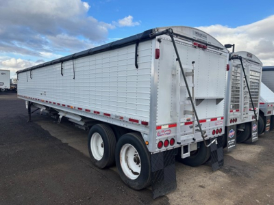 Trailer rear and side view of a white Wilson Pacesetter hopper trailer showing dual rear axles and tarped top.