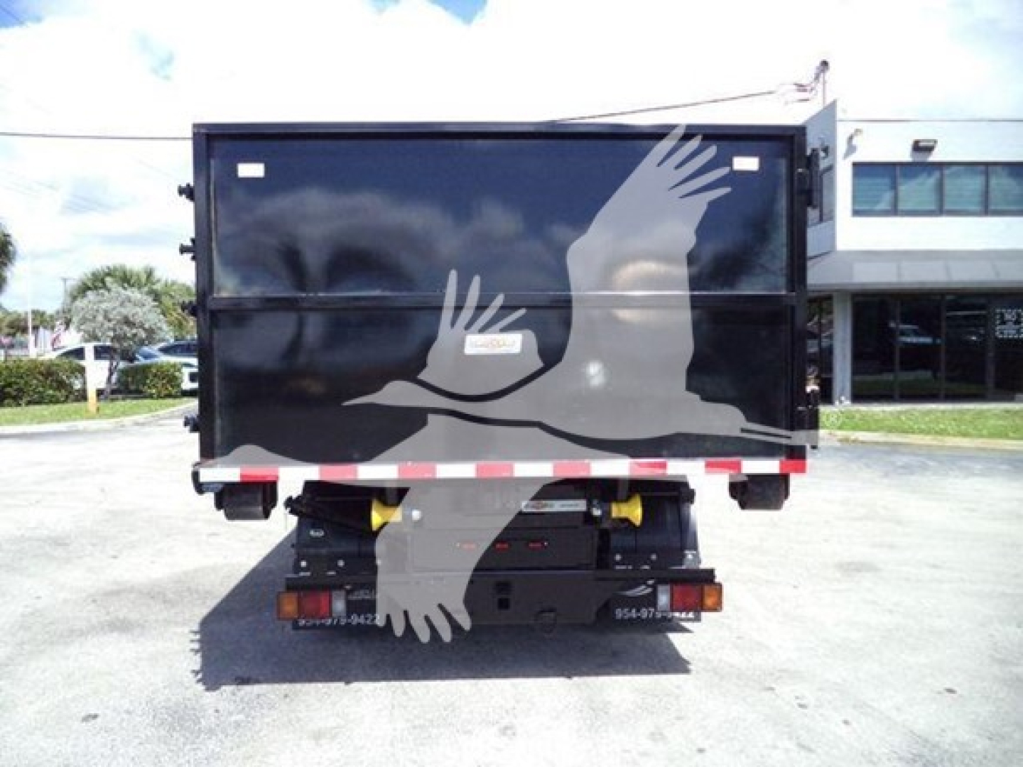 Isuzu NRR dump truck rear view showing cargo box and rear bumper with taillights, in a dealership lot.