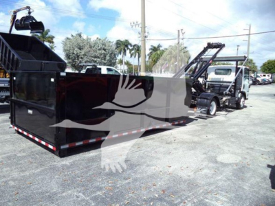 Isuzu NRR truck with roll-off body and crane in yard, VIN JALE5W163M7301290 visible on listing, stock T01290