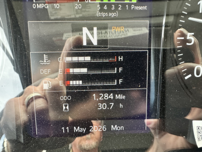 Dashboard display showing N transmission, PWR indicator, coolant/DEF/fuel gauge bars, and ODO 1,284 miles with 30.7 hours; 11 May 2026 Mon.