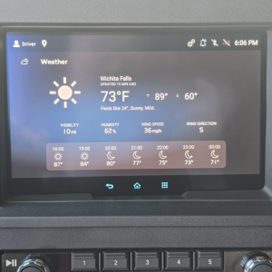 Dashboard display showing Weather app with Wichita Falls, 73°F, forecast icons and hourly temps; below are five preset function buttons.