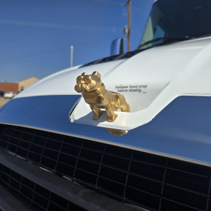 Front of white Mack PR64T76M truck with gold hood ornament (gnome) on the hood, grille and air intake visible. Partial text on hood reads 'Release Hood Prop before opening'