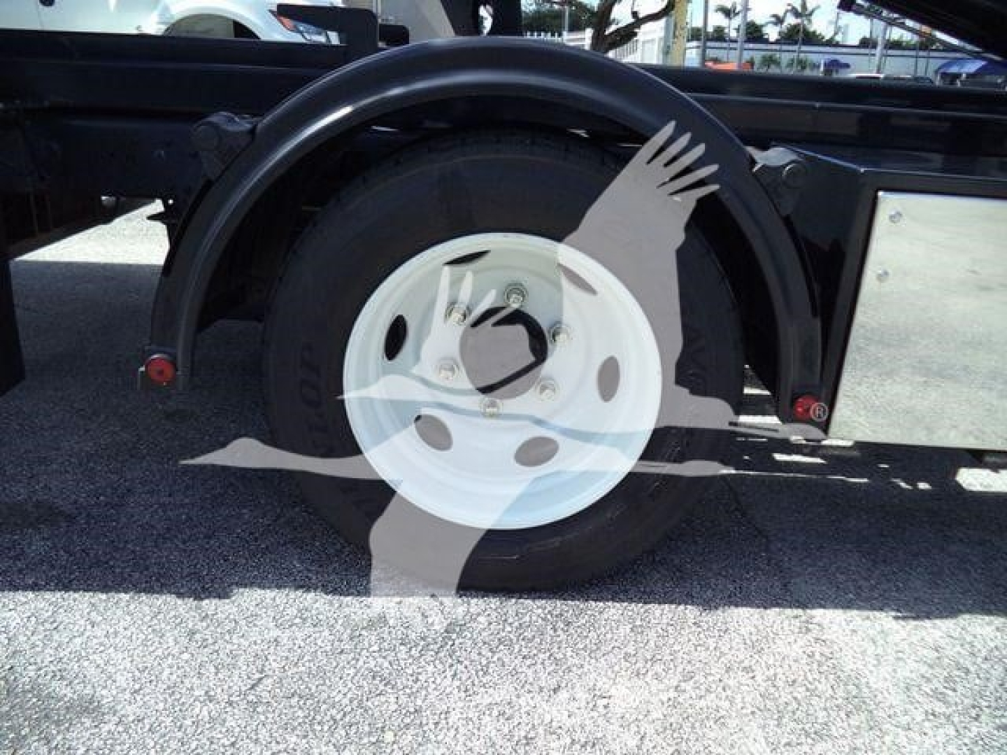 Isuzu NPR HD truck rear wheel area showing spare wheel mount and fender with wheel cover label text obscured by watermark.