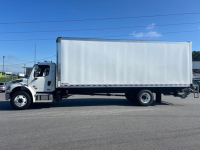 Freightliner business class M2 106 box truck side profile with cargo box, cab is white, no visible text on the box, VIN number not shown in image.