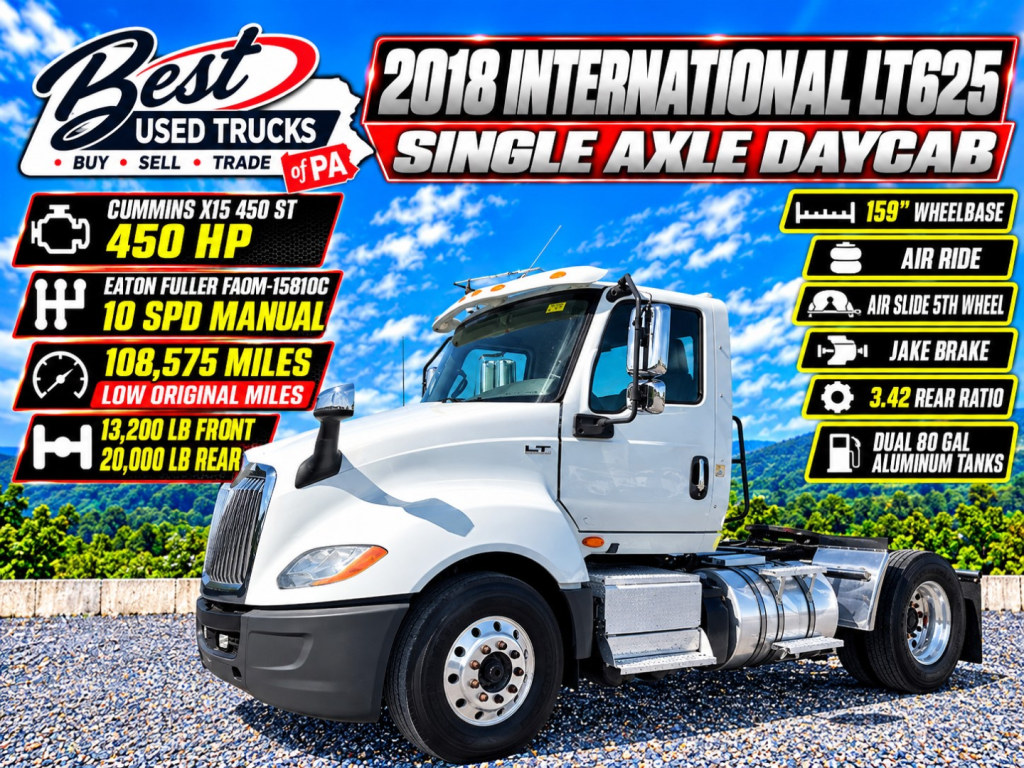 International LT625 single axle daycab truck front-left view with specs: 159" wheelbase, 3.42 rear axles, dual 80 gallon aluminum tanks, air ride, 10 SPD manual, 450 HP Cummins, 108,575 miles, 10 spd manual, 159" wheelbase, air ride, a/c, l