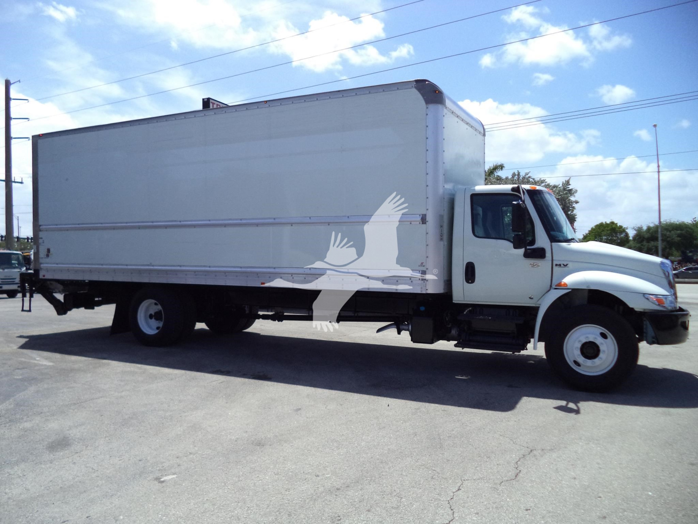 Box truck with a white cab and large gray cargo box, side view in a parking lot.