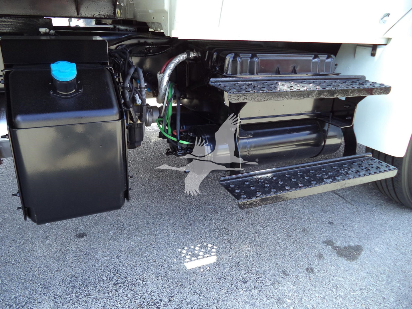 International MV truck side view showing fuel tank, storage box, steps, and engine bay area with wiring and cabling.
