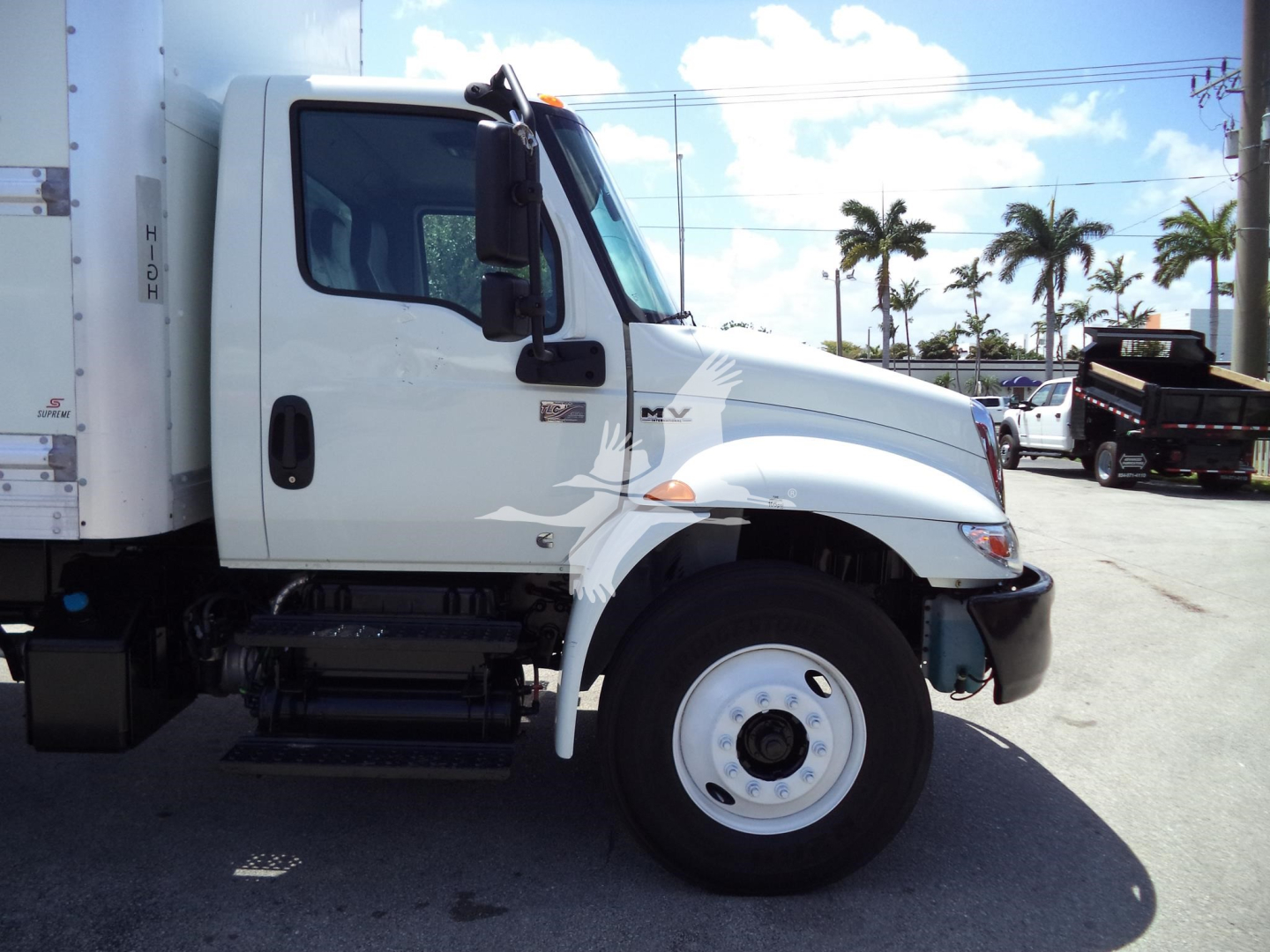 Truck cab side view showing 2021 International MV with white exterior, single front wheel, door mirror, and chassis area.