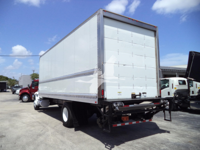 Truck box body on a 2021 International MV box truck showing rear doors and underride hitch area.