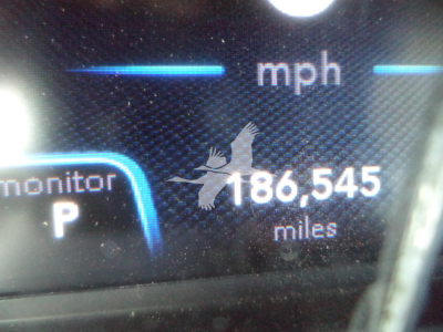 Dashboard display showing mph with mileage 186,545 miles and partial 'monitor P' indicator.