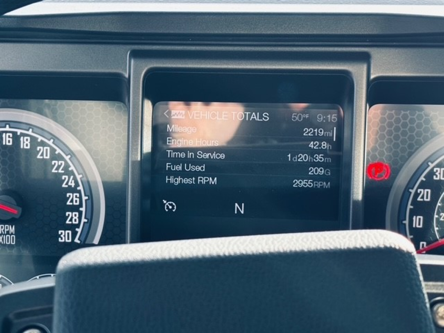 Dashboard display showing vehicle totals: Mileage 2219 mi, Engine Hours 42.8 h, Time In Service 1 d 20 h 35 m, Fuel Used 209 gal, Highest RPM 2955 RPM. N gear shown.