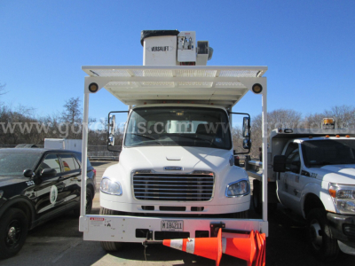 Front view of 2011 Freightliner M2 106 bucket truck in service with metal boom platform above cab.