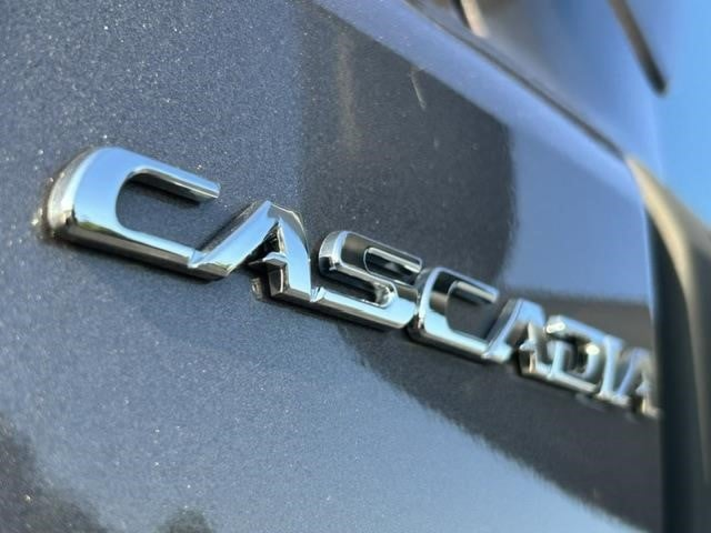 Cascadia badge on truck tailgate showing CASCADIA lettering in chrome on dark blue paint.