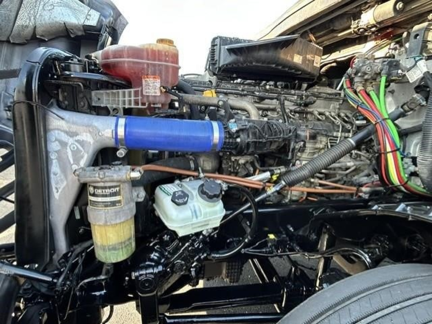 Freightliner Cascadia engine bay showing blue intercooler hose, fuel filter, coolant reservoir, and wiring loom.