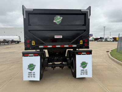 Dump trailer shown from rear with Armor Lite SHD32/48 branding and mud flaps displaying Armor Lite Trailer MFG contact.