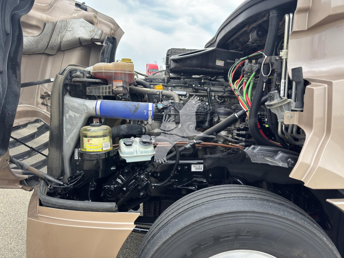 Truck engine bay of a 2023 Freightliner Cascadia 126 showing front engine area with hoses, reservoirs, and wiring harness.