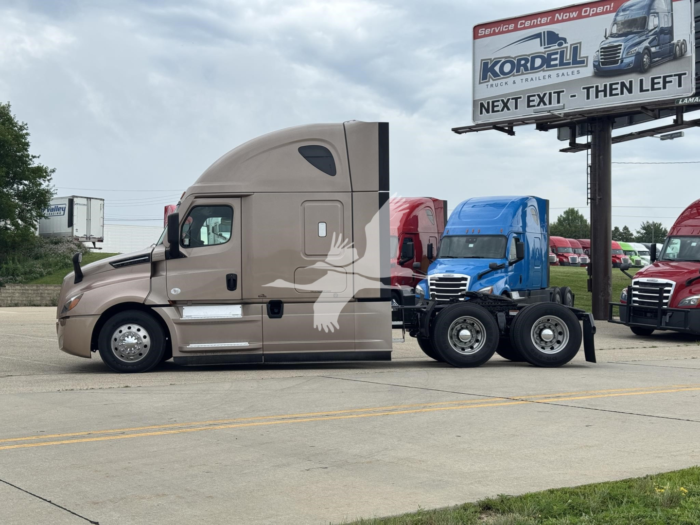 Truck image showing a beige Freightliner Cascadia 126 sleeper cab connected to a blue trailer on a dealership lot.