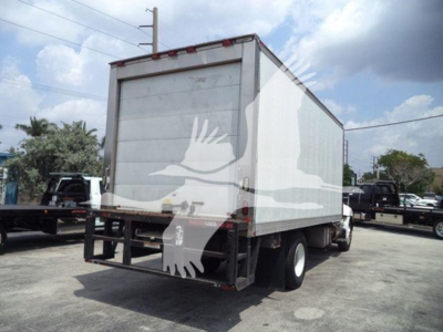 Truck rear and side view showing refrigerated box on a Hino 268a chassis with rear doors and dual rear wheels.